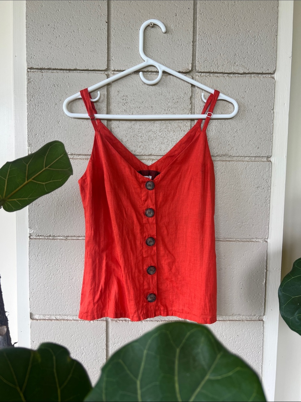 Reformation Red Linen Button-Front Cami spaghetti strap top